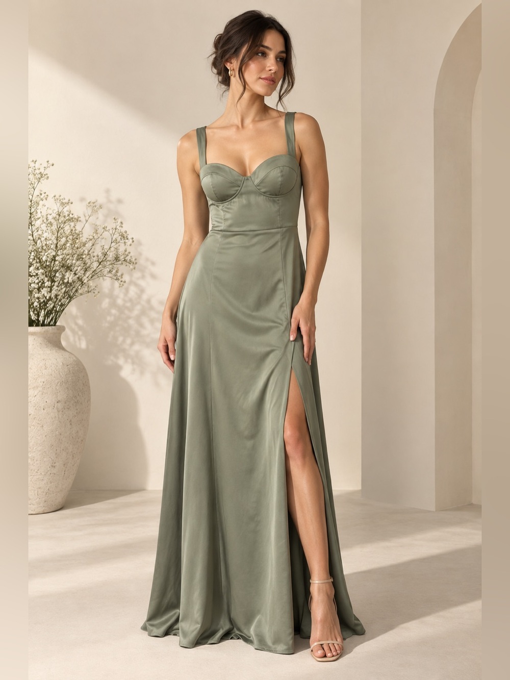 SHEIN Belle Sage Green Satin Corset Maxi Dress Sage Green Size L NWT